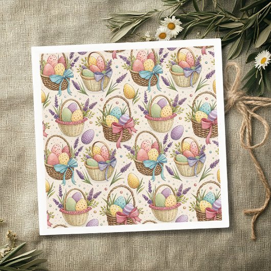 Wicker Basket Easter Eggs with Lavender Serviette