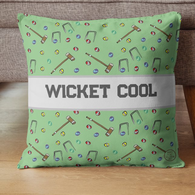 Wicket Cool Croquet Pun Hand-Illustriert Whimsical Kissen (Indulge in a blend of whimsy and sophistication as you relax in the company of 'Wicket Cool.')