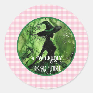 Wickly Good Witch Pink Gingham Kariert gestrichen Runder Aufkleber