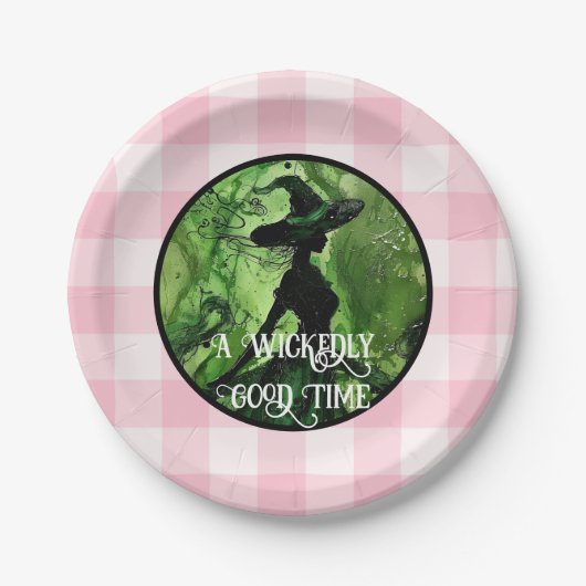 Wickly Good Witch Pink & Green Gingham gestrichen Pappteller (Vorderseite)