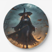 "Wickte Nacht: Beängstigende Halloween-Hexe und ih Pappteller (Vorderseite)