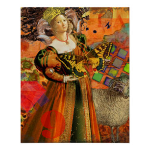 Widder Orange Frau: Gothic Ram Antique Art Collage Poster