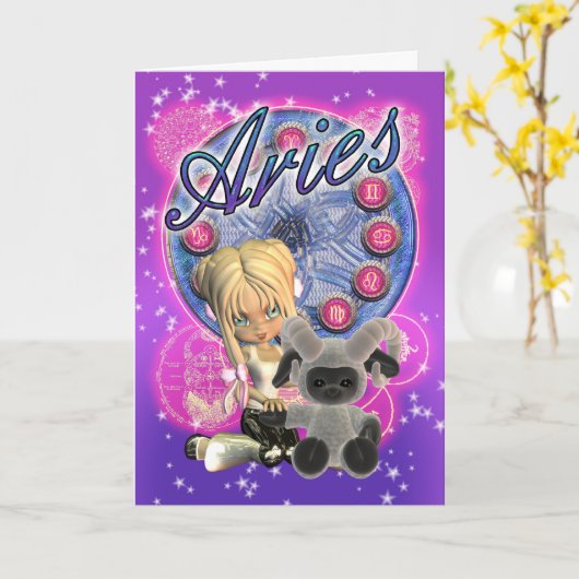 Widder-Tierkreis-niedliche Karte mit Frau und RAM (Gelbe Blume)