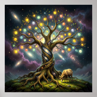 Widder und Baum des Lebens unter Sternen und Galax Poster