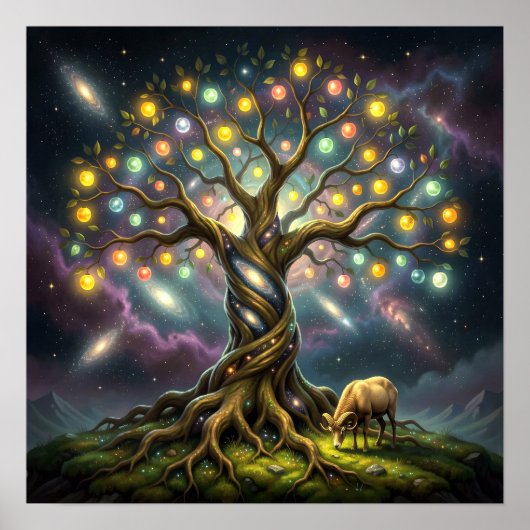 Widder und Baum des Lebens unter Sternen und Galax Poster (Vorne)