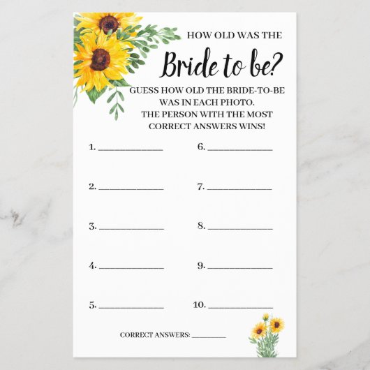 Wie alt war die Bride Sunflowers Shower Game Card? Flyer (Vorne)