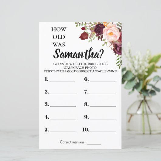 Wie alt war She Marsala Blume Brautparty Game (Stehend Vorderseite)