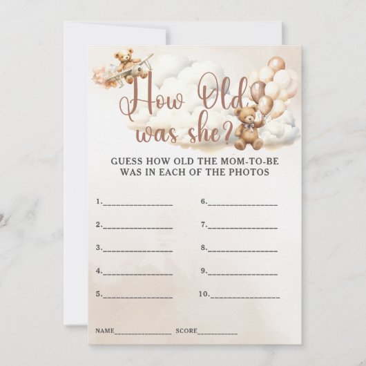 WIE ALT WAR SIE Baby Shower Game Niedlich Bear Einladung (Vorderseite)