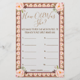 Wie alt war sie? Rosa florale Rahmenspielkarte Flyer