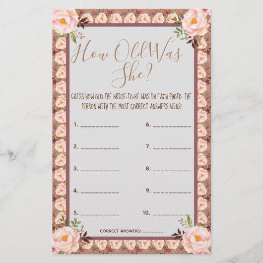 Wie alt war sie? Rosa florale Rahmenspielkarte Flyer (Vorne)