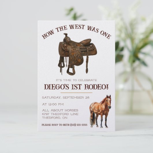Wie der Westen eins war! Cowboy First Rodeo Birthd Einladung (Stehend Vorderseite)