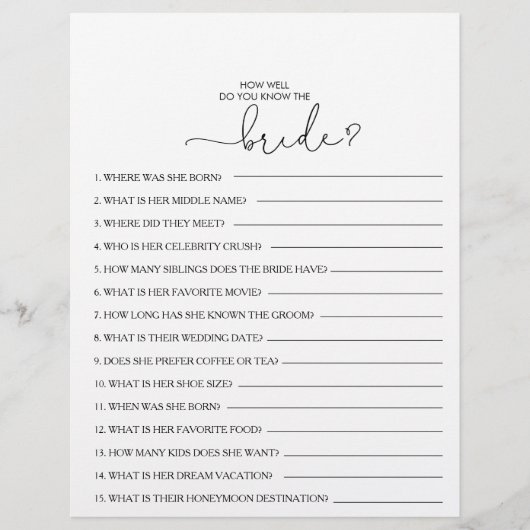 Wie gut kennen Sie das Bride Brautparty Game? (Vorderseite)