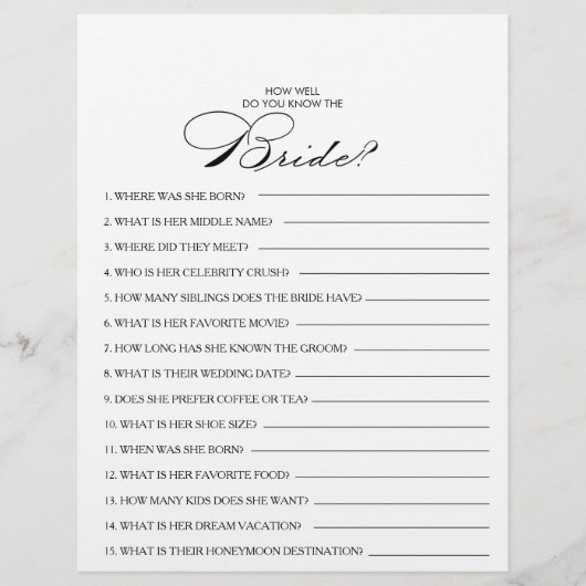 Wie gut kennen Sie das Bride Brautparty Game? (Vorderseite)