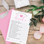 Wie gut kennen Sie das Bride Brautparty Game?<br><div class="desc">Spaß & Stilvoll wie gut kennen Sie das Braut-Brautparty-Spiel. Spielspass beim Brautparty Party. Das Design bietet "Bride" im eleganten rosa Script-Schriftart. Die Liste der Fragen kann geändert werden.</div>