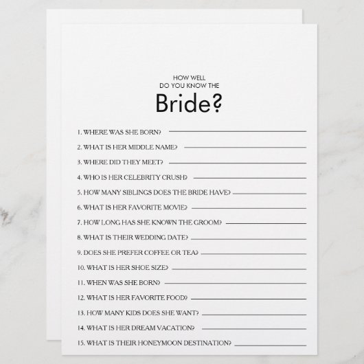 Wie gut kennen Sie das Bride Brautparty Game? (Vorne/Hinten)