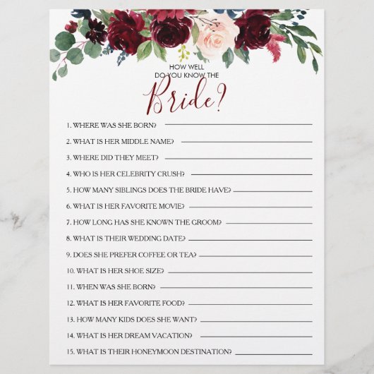 Wie gut kennen Sie das Bride Brautparty Game? (Vorderseite)