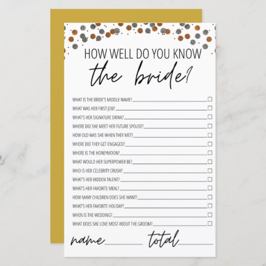 Wie gut kennen Sie das Bride Brautparty Gold? (Vorne/Hinten)