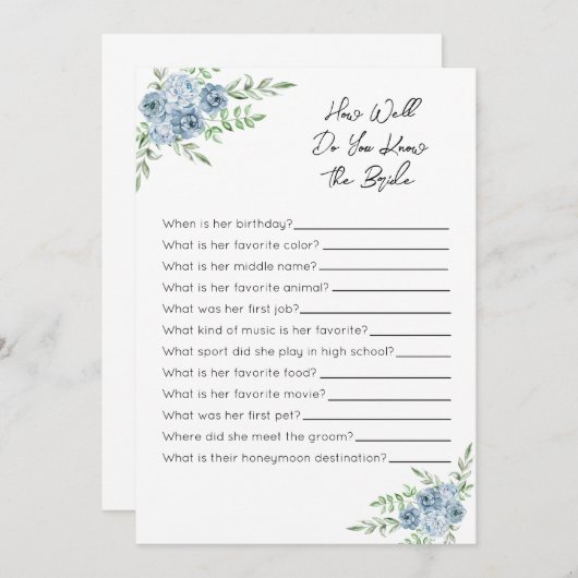 Wie gut kennen Sie das Bride Game - Blue Floral? Programm (Vorne/Hinten)