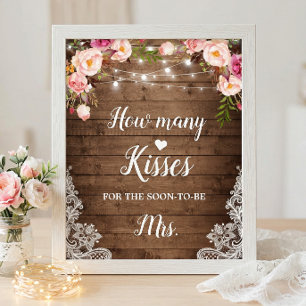 Wie viele Kisses Rustikales Brautparty Game Sign Poster