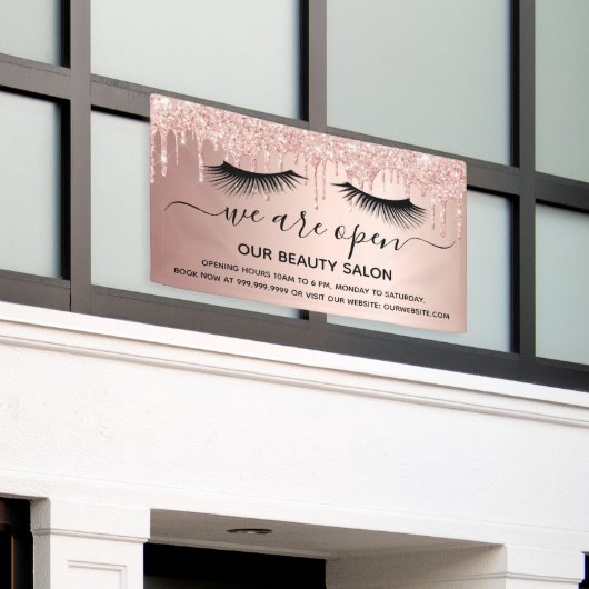Wiedereröffnung Schönheitssalon Rose Gold Glitzer Banner (Äußeres Gebäude)