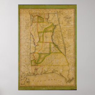 Wiedergabe-Karte des Staat von Alabama 1820 Poster