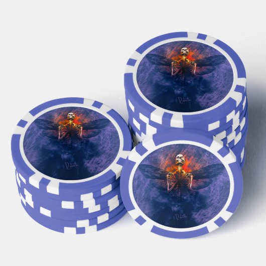 Wiedergeburt. Skelett mit aufsteigenden Flügeln Pokerchips (Stapel)