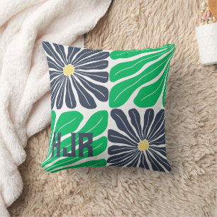 Wiederholte Blume Muster Green Blue Monogram Name Kissen