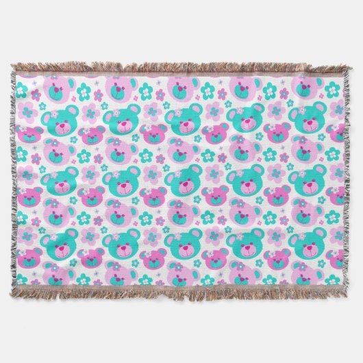Wiederholte Muster Teddy Bär Blume Pink Aqua throw Decke (Vorderseite)