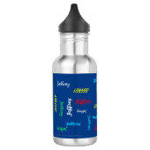 Wiederholter Name auf blau Trinkflasche (Links)