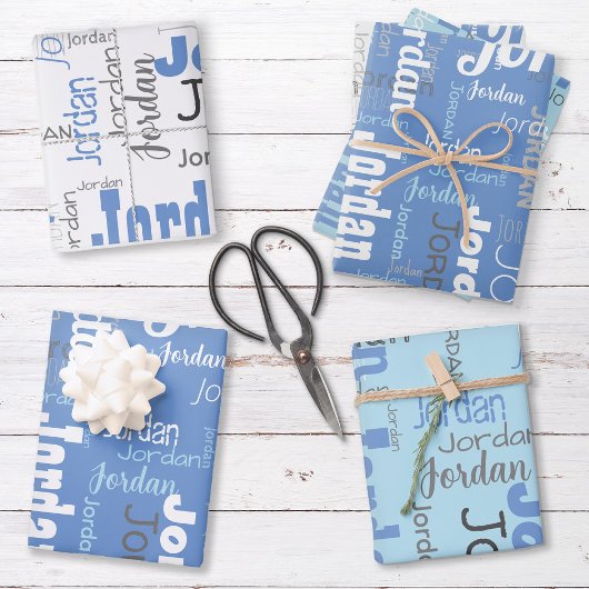 Wiederholter Name Cornflower Blue White Gray Geschenkpapier Set