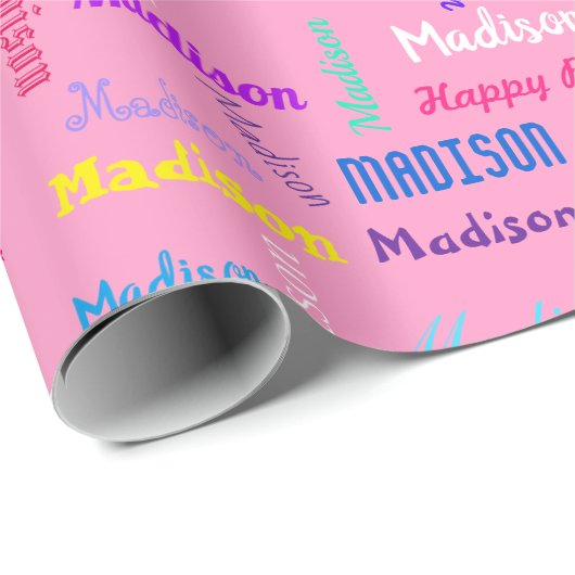 Wiederholter NAME Happy Birthday Girl's Pink Geschenkpapier (Rolleneckpunkt)