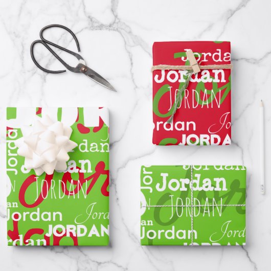 Wiederholter Name Red Green White Weihnachten Geschenkpapier Set (Vorderseite)