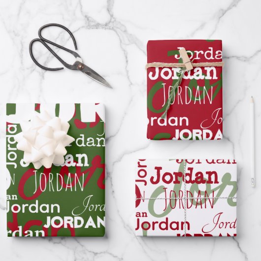 Wiederholter Name Weihnachten Rot Grün Moderne Geschenkpapier Set (Vorderseite)