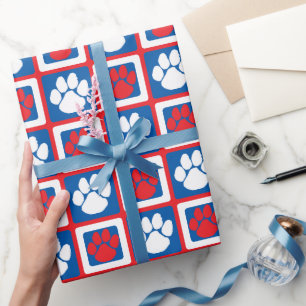 Wiederholter Pawprint in Rot, Weiß und Blau Geschenkpapier