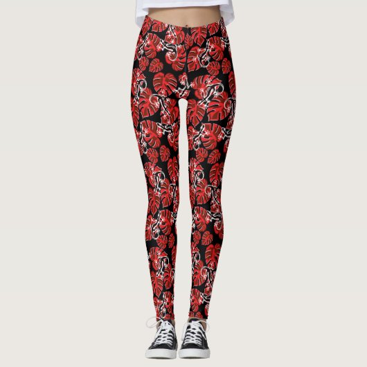 Wiederholtes Muster aus Salamander und rotem Leaf Leggings (Vorderseite)