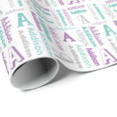 Wiederholungsname & anfängliches graues Lila Aquam Geschenkpapier (Rolleneckpunkt)