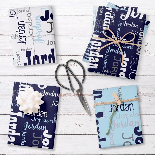 Wiederholungsname Navy Blue White Gray Geschenkpapier Set