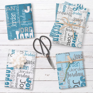 Wiederholungsname Personalisiert Blue White Gray Geschenkpapier Set