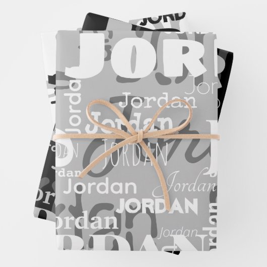 Wiederholungsname Schwarz Grau Weiß Moderne Neutra Geschenkpapier Set (Beispiel)