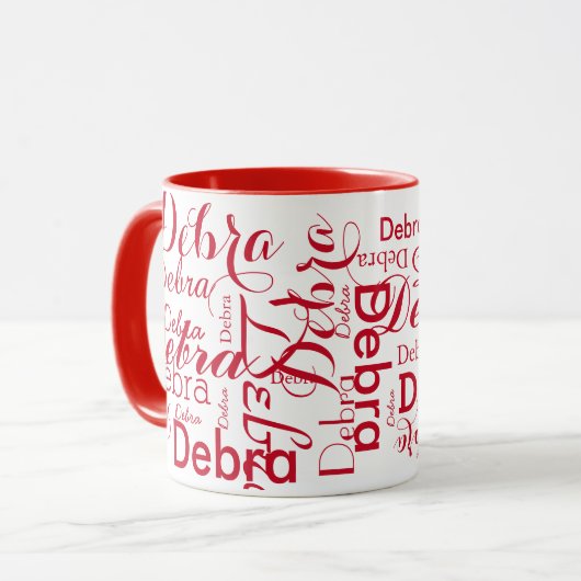 Wiederholungsname Typografie rot Tasse (Vorderseite Links)
