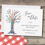Wiedersehen Ankündigung Datum freihalten Postkarte<br><div class="desc">Family Wiedersehen Ankündigung Datum freihalten Postcard. Frag deiner Familie mit dieser stilvollen Postkarte Save the Date für deine Wiedersehen. Es zeigt einen Stammbaum in den Farben des Regenbogens auf einem weißen Hintergrund. Es gibt Vorlagen, die Sie mit Ihrem Familiennamen und Ihren Daten anpassen können. Dieses einzigartige Design ist ein Ausdruck...</div>