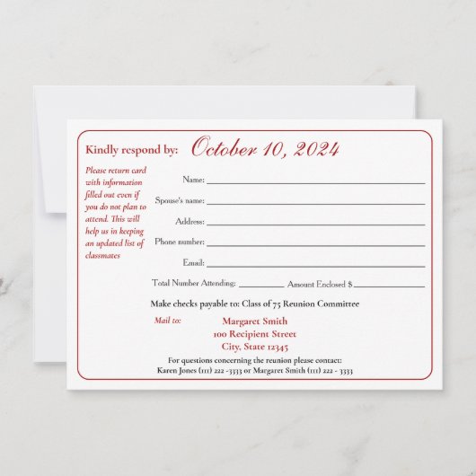 Wiedersehen-Antwortformular für unterschiedliche S Einladung (Vorderseite)