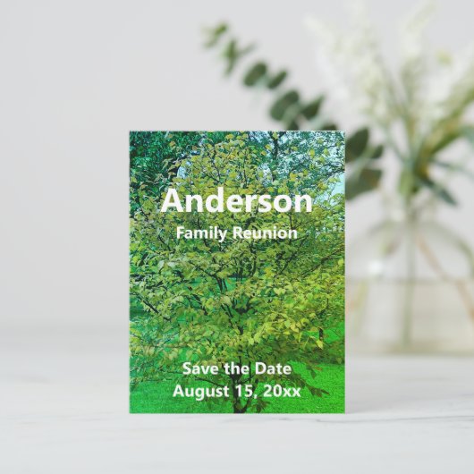 Wiedersehen (Baum) Save the Date grün und weiß Postkarte (Stehend Vorderseite)