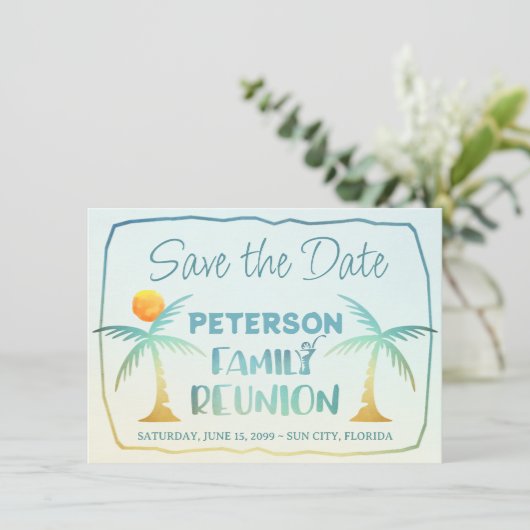 Wiedersehen Beach Palm Trees Tropical Script Save The Date (Stehend Vorderseite)