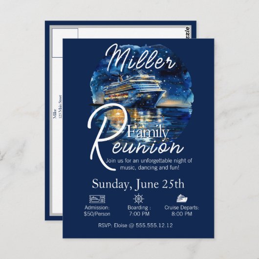 Wiedersehen Cruise Ship Blue & White Einladung Postkarte (Vorne/Hinten)