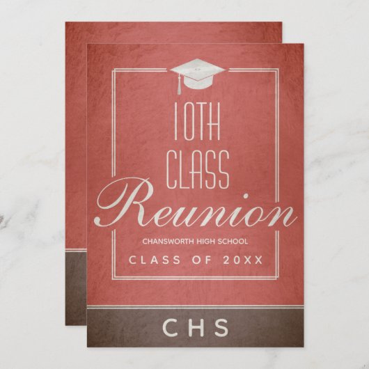 Wiedersehen der 10. Klasse Elegant Script Red Blac Einladung (Vorne/Hinten)