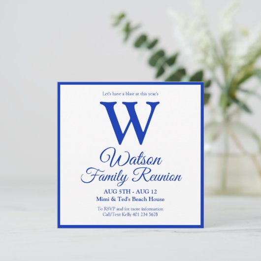 Wiedersehen der modernen Monogram Blue Stripes-Pro Einladung (Stehend Vorderseite)