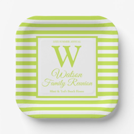Wiedersehen der modernen Monogram-Lime Green Strip Pappteller (Vorderseite)