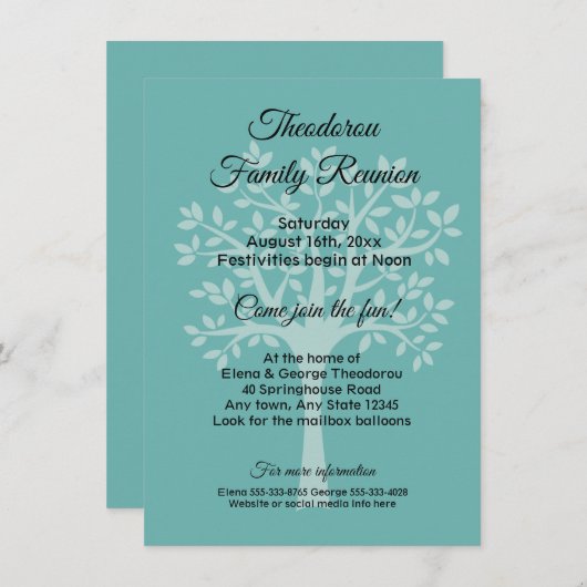 Wiedersehen-Einladung für Aquamarine Grüne Familie Einladung (Vorne/Hinten)