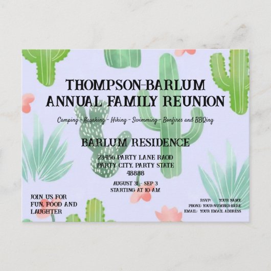 Wiedersehen-Einladung für Kaktus-Themed Family Postkarte (Vorderseite)